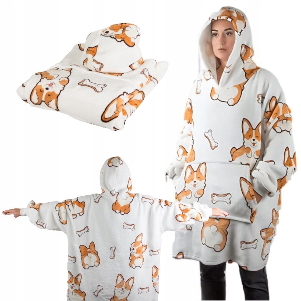Koc Bluza Oversize Gruba Kocobluza 2w1 Wzór Pieski Corgi Futrzak Bluzo Koc