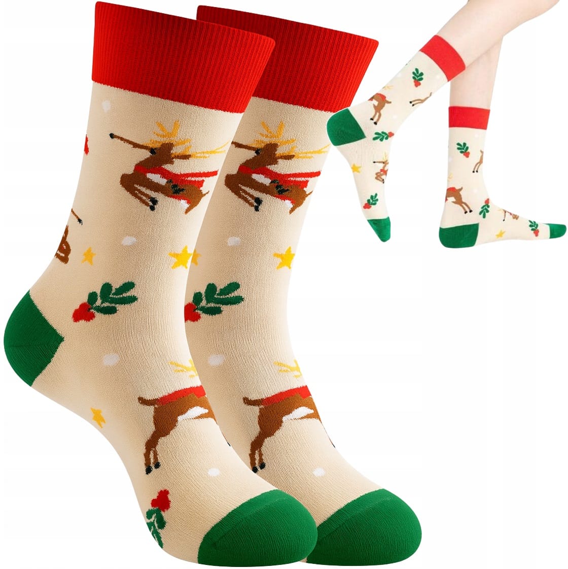 Skarpety Święteczne Renifer Bawełniane Święta Wesołe Kolorowe Prezent 36-42