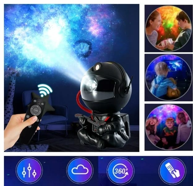 Lampka Nocna Projektor Gwiazd Astronauta 8 Trybów Czarny Siedzący