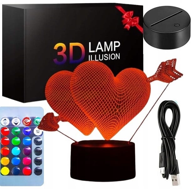 Lampka Nocna Biurkowa Serce Zmieniająca Kolory Serca Kocham Cię 3d Pilot