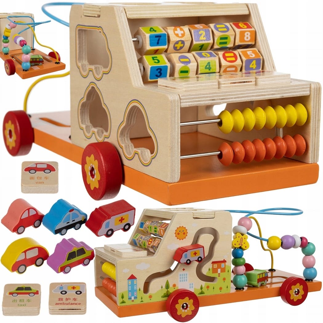 Sorter Montessori Układanka Drewniana Labirynt Liczydło Samochód Cyfry Auto