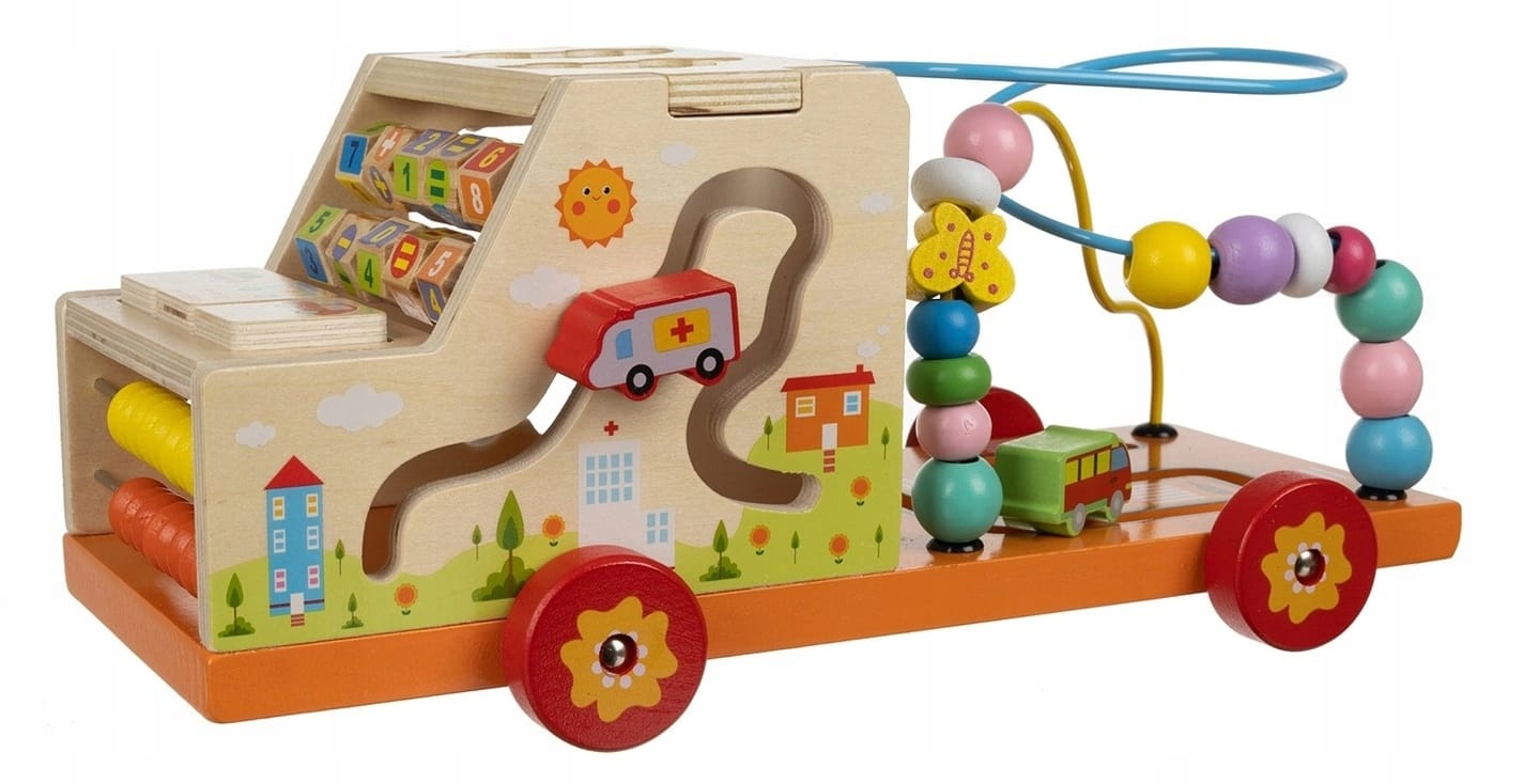 Sorter Montessori Układanka Drewniana Labirynt Liczydło Samochód Cyfry Auto