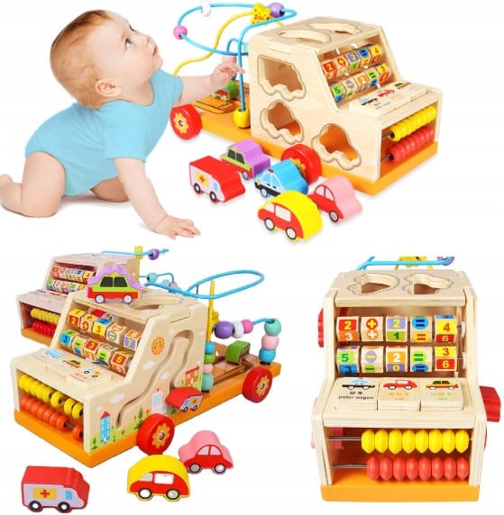 Sorter Montessori Układanka Drewniana Labirynt Liczydło Samochód Cyfry Auto