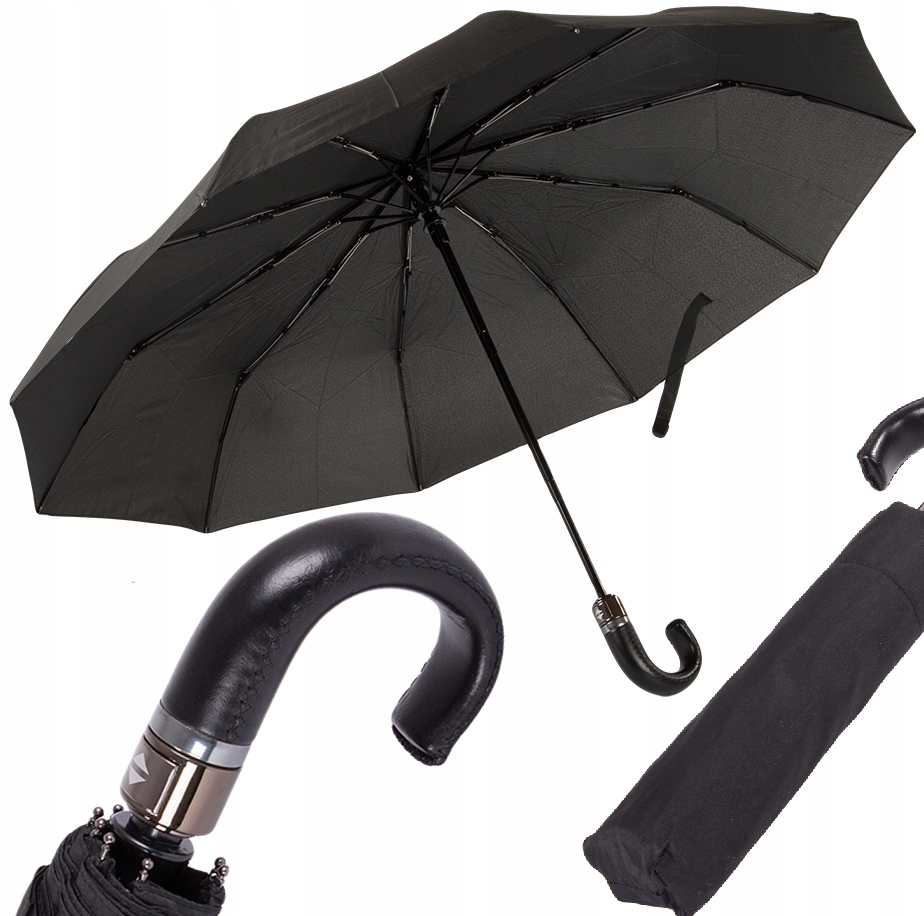 Elegancki Parasol Składany Automatyczny Skóra Uchwyt Czarny Parasolka