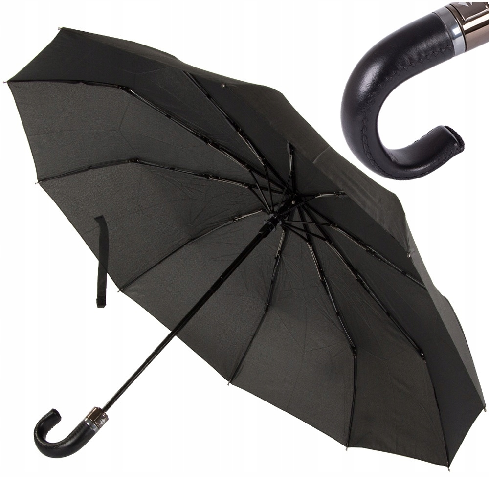 Elegancki Parasol Składany Automatyczny Skóra Uchwyt Czarny Parasolka