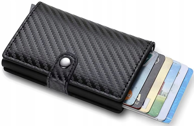 Portfel Męski Etui Antykradzieżowe Karty Carbon Wysuwanie Kart Przyciskiem