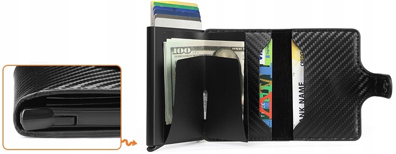 Portfel Męski Etui Antykradzieżowe Karty Carbon Wysuwanie Kart Przyciskiem