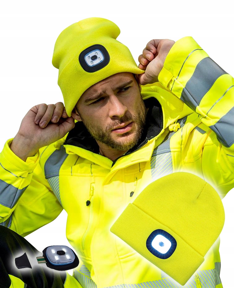 Czapka Męska Zimowa Robocza Z Latarką Led Wywijana Uni Ciepła Sportowa Usb