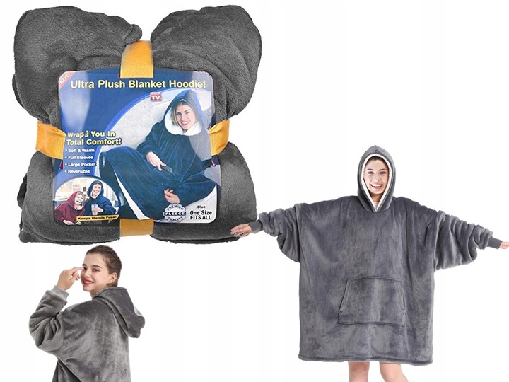 Ciepła Bluza Koc Oversize Futrzak 2w1 Gruba Xxl Kocobluza Kocyk Z Kapturem