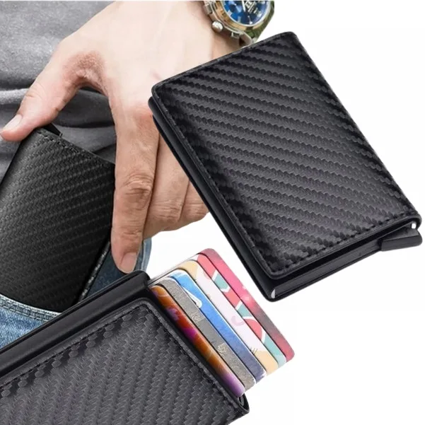 Etui Antykradzieżowe Na Karty X 6 Carbon Portfel Wysuwanie Kart Przyciskiem