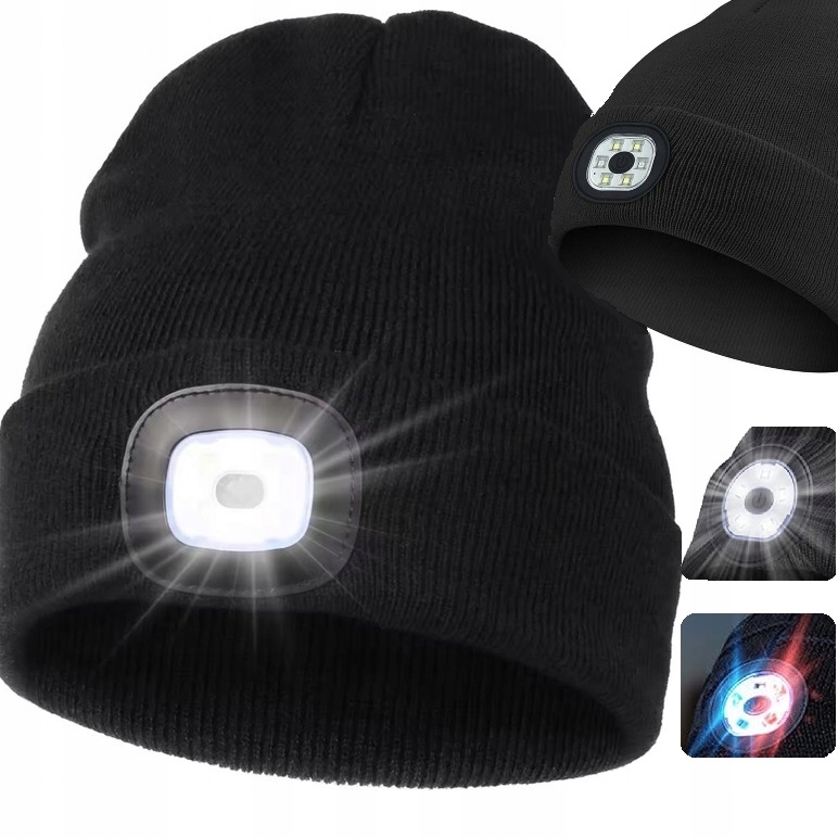 Czapka Zimowa Ocieplana Latarka Led Ciepła Sportowa Usb Czarna Uniwersalna