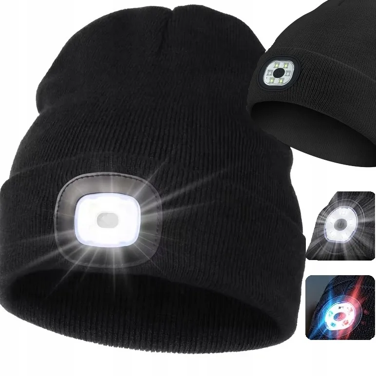 Czapka Zimowa Ocieplana Latarka Led Ciepła Sportowa Usb Czarna Uniwersalna