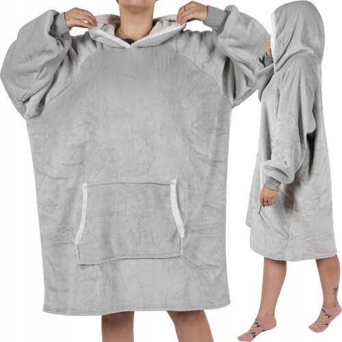 Duża Kocobluza Oversize Gruba Miękka Koc Bluza Z Kapturem Szlafrok Siwa
