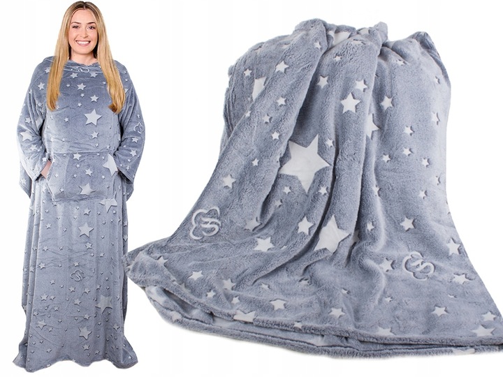 Bluza Oversize Ciepły Koc Koco Szlafrok Kieszenie Świecący Rękawy Szary