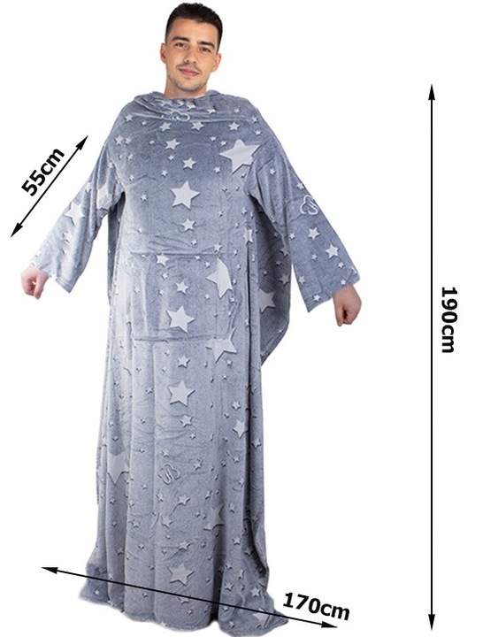 Bluza Oversize Ciepły Koc Koco Szlafrok Kieszenie Świecący Rękawy Szary