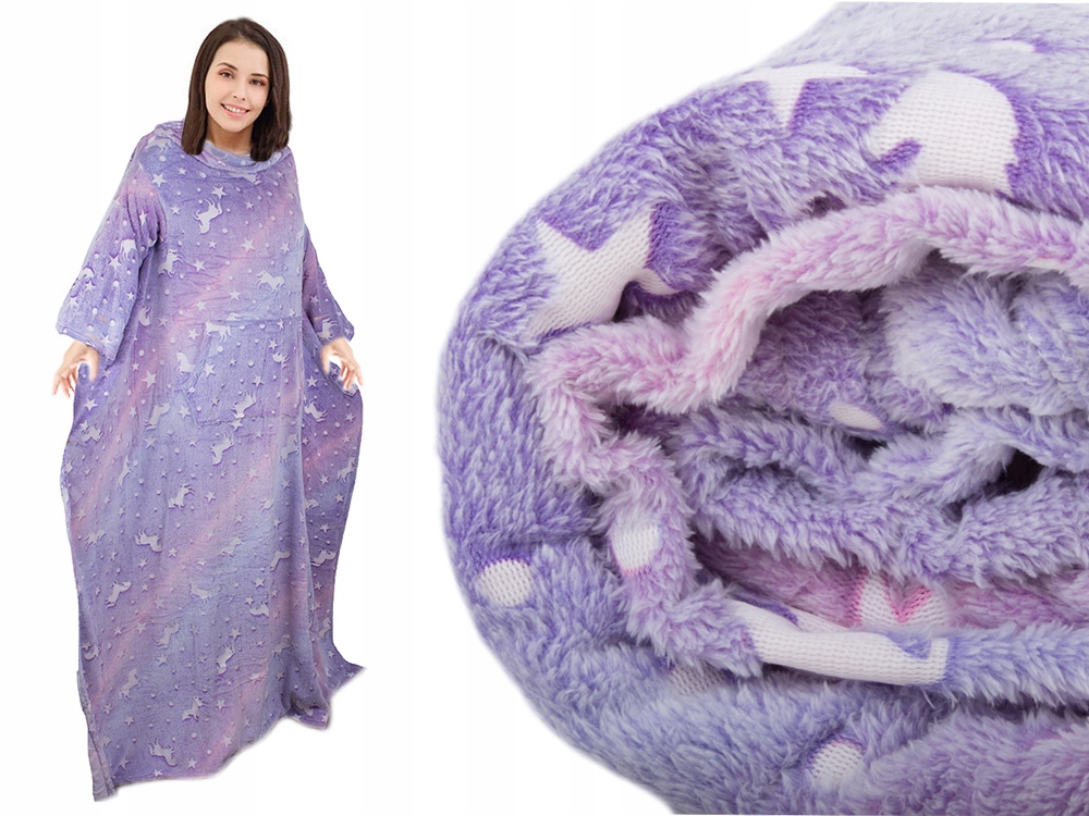 Bluza Oversize Ciepły Koc Koco Szlafrok Kieszenie Świecący Rękawy Fiolet