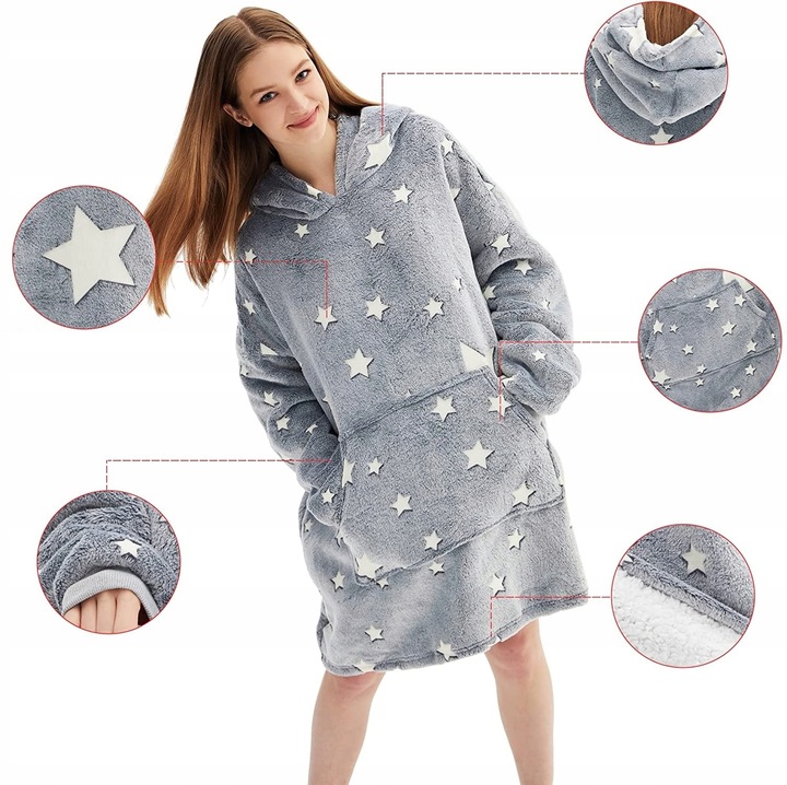 Kocobluza Koc Bluza Oversize Męska Damska Długa Gwiazdki Świecąca Ciepła