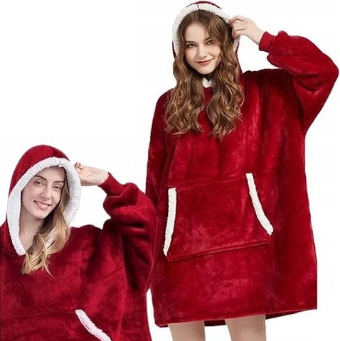 Ciepła Bluza Koc Oversize Kocbluza 2w1 Czerwona Futrzak Xxl Kocobluza