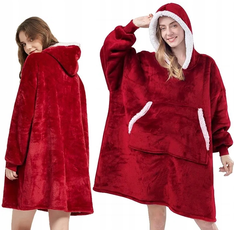 Ciepła Bluza Koc Oversize Kocbluza 2w1 Czerwona Futrzak Xxl Kocobluza
