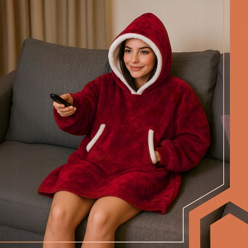 Ciepła Bluza Koc Oversize Kocbluza 2w1 Czerwona Futrzak Xxl Kocobluza