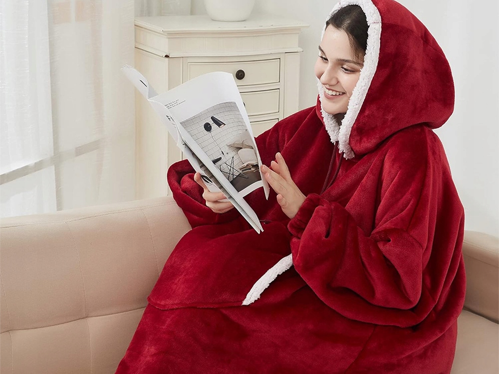 Ciepła Bluza Koc Oversize Kocbluza 2w1 Czerwona Futrzak Xxl Kocobluza