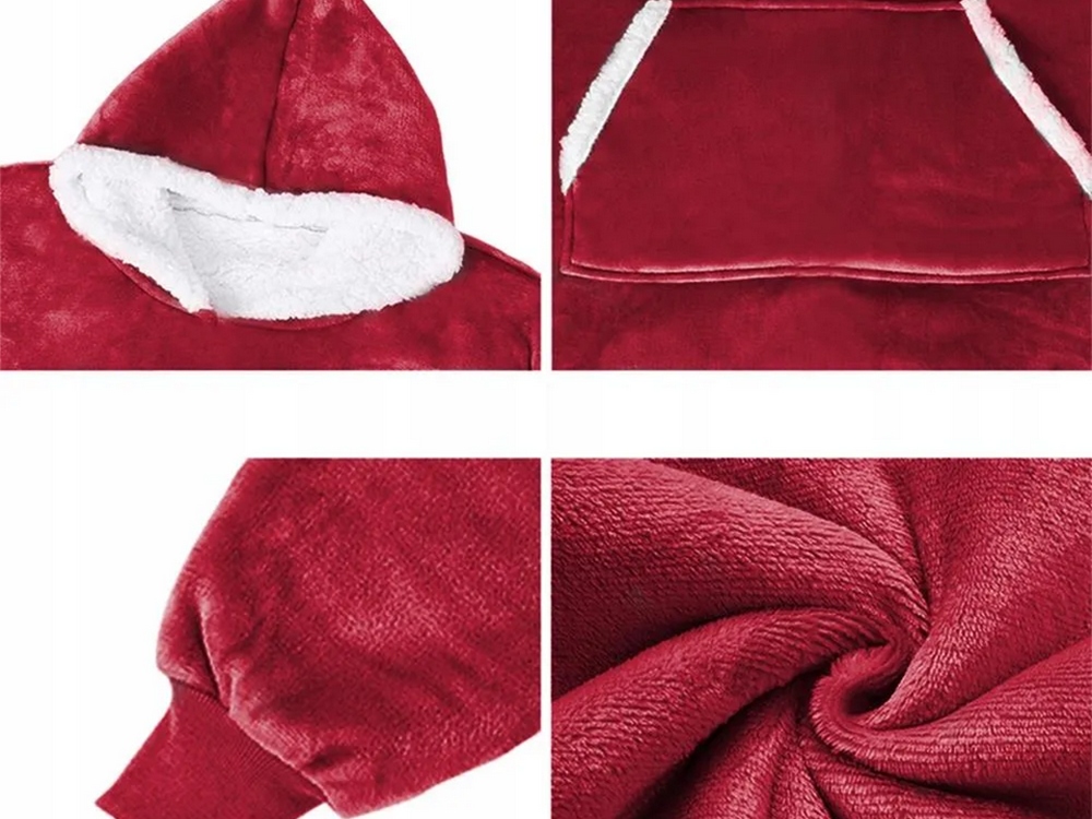 Ciepła Bluza Koc Oversize Kocbluza 2w1 Czerwona Futrzak Xxl Kocobluza