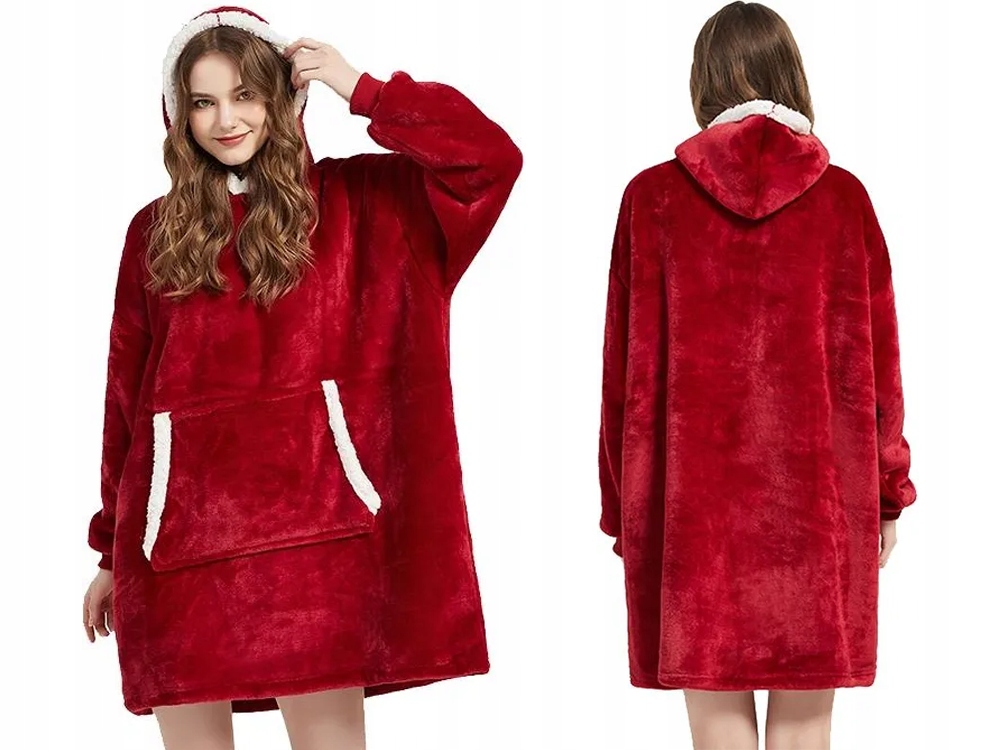 Ciepła Bluza Koc Oversize Kocbluza 2w1 Czerwona Futrzak Xxl Kocobluza