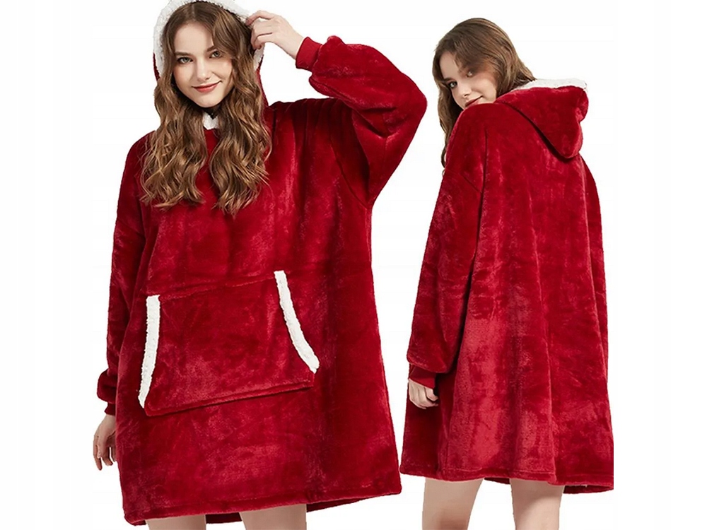 Ciepła Bluza Koc Oversize Kocbluza 2w1 Czerwona Futrzak Xxl Kocobluza