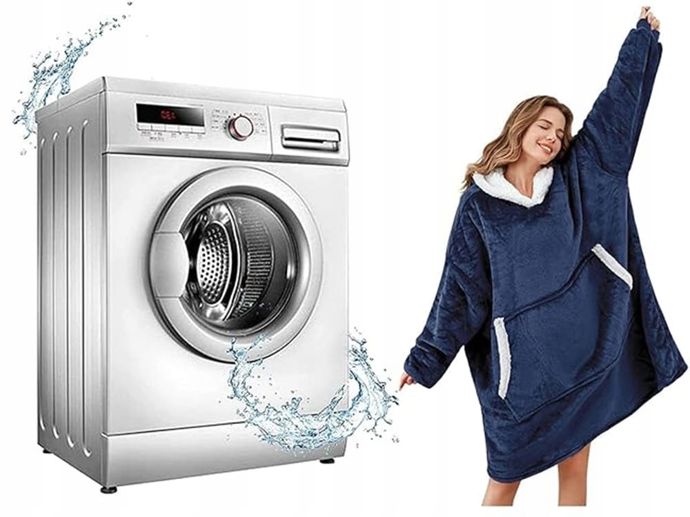 Ciepła Bluza Koc Oversize Kocbluza 2w1 Granatowa Futrzak Xxl Kocobluza