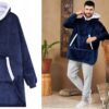 Ciepła Bluza Koc Oversize Kocbluza 2w1 Granatowa Futrzak Xxl Kocobluza