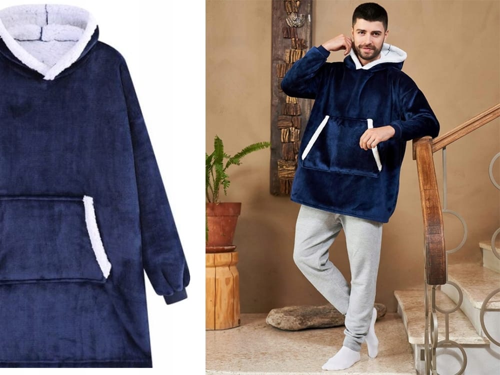 Ciepła Bluza Koc Oversize Kocbluza 2w1 Granatowa Futrzak Xxl Kocobluza