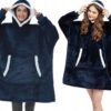 Ciepła Bluza Koc Oversize Kocbluza 2w1 Granatowa Futrzak Xxl Kocobluza