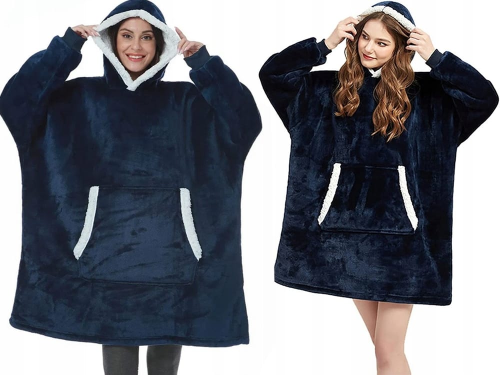 Ciepła Bluza Koc Oversize Kocbluza 2w1 Granatowa Futrzak Xxl Kocobluza