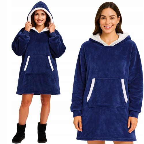 Ciepła Bluza Koc Oversize Kocbluza 2w1 Granatowa Futrzak Xxl Kocobluza