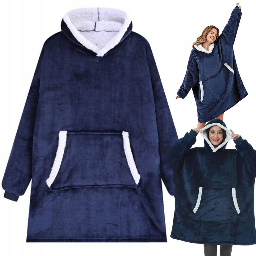 Ciepła Bluza Koc Oversize Kocbluza 2w1 Granatowa Futrzak Xxl Kocobluza