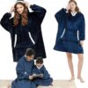 Ciepła Bluza Koc Oversize Kocbluza 2w1 Granatowa Futrzak Xxl Kocobluza