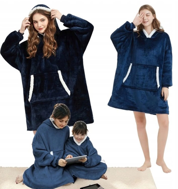 Ciepła Bluza Koc Oversize Kocbluza 2w1 Granatowa Futrzak Xxl Kocobluza