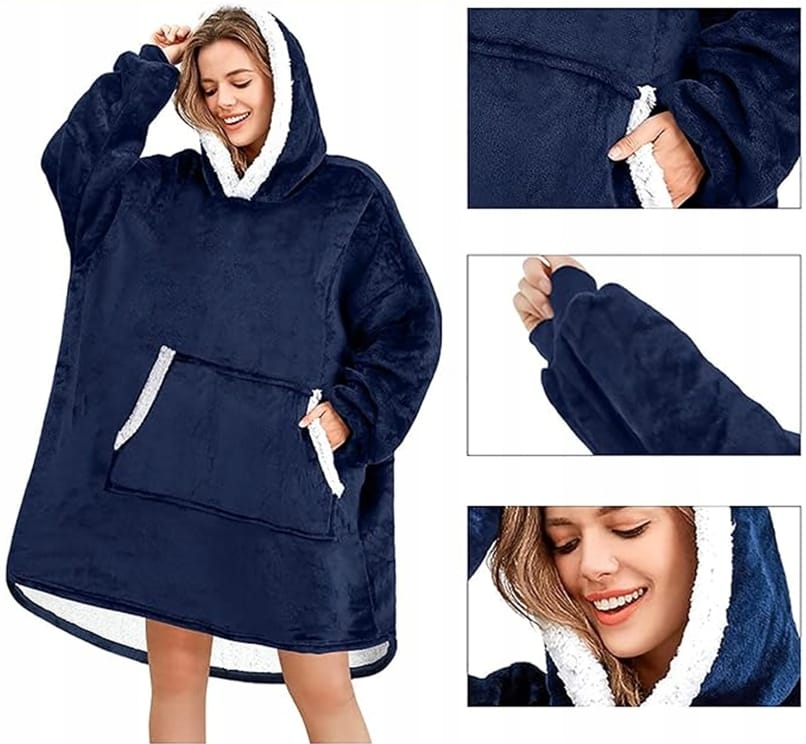 Ciepła Bluza Koc Oversize Kocbluza 2w1 Granatowa Futrzak Xxl Kocobluza
