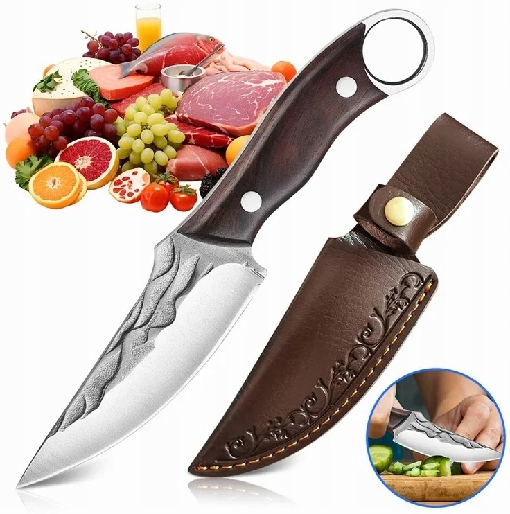 Nóż Turystyczny Survivalowy Stal Rękojeść Drewno Skórzany Pokrowiec Kemping