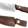 Nóż Turystyczny Survivalowy Stal Rękojeść Drewno Skórzany Pokrowiec Kemping