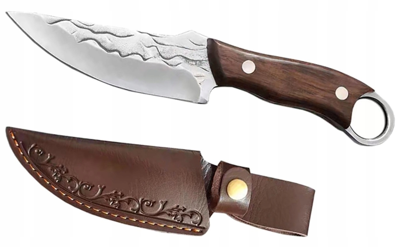Nóż Turystyczny Survivalowy Stal Rękojeść Drewno Skórzany Pokrowiec Kemping