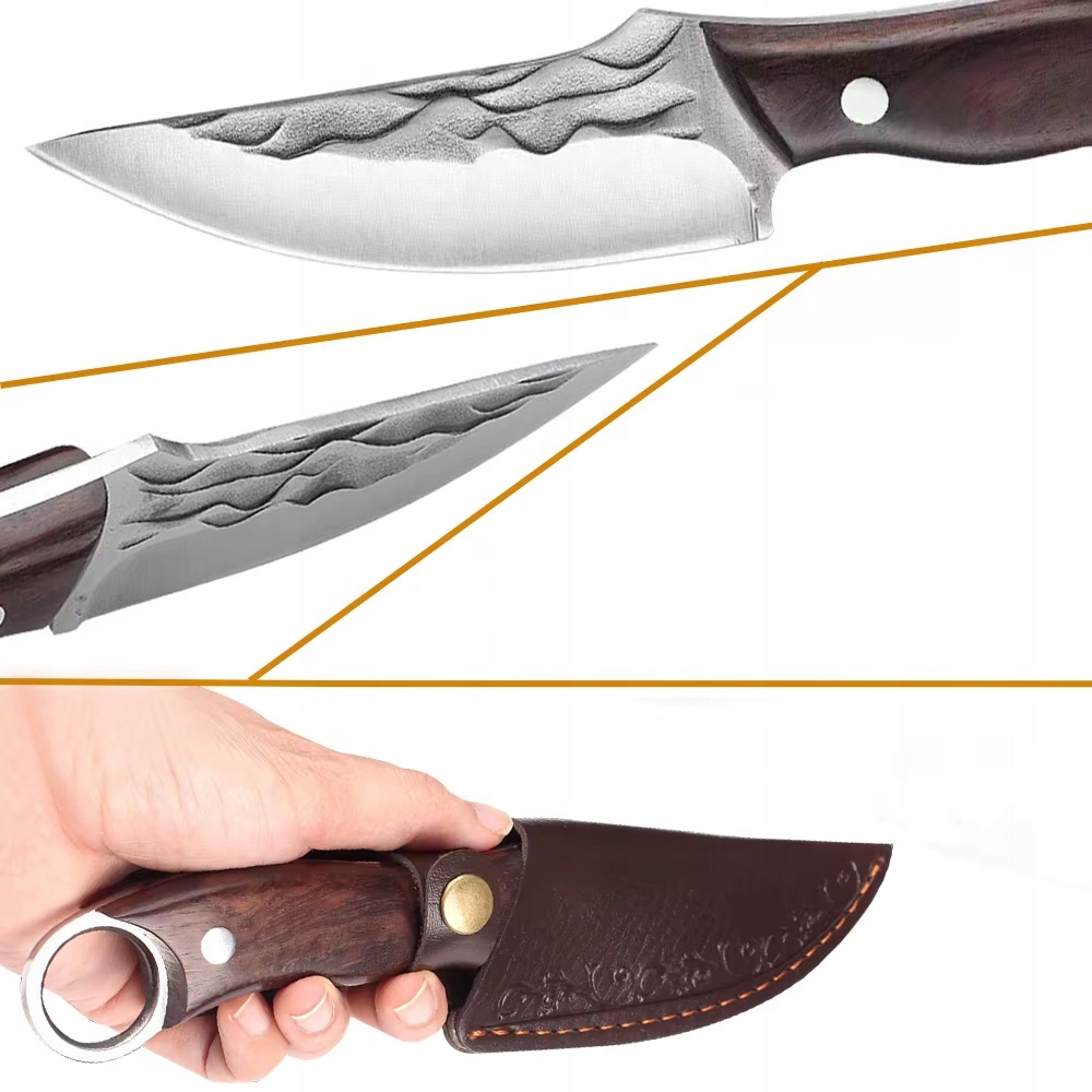 Nóż Turystyczny Survivalowy Stal Rękojeść Drewno Skórzany Pokrowiec Kemping