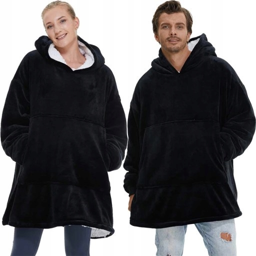 Kocobluza Koc Bluza Oversize Bluzokoc Gruba Ciepła Długa Czarna Z Kapturem