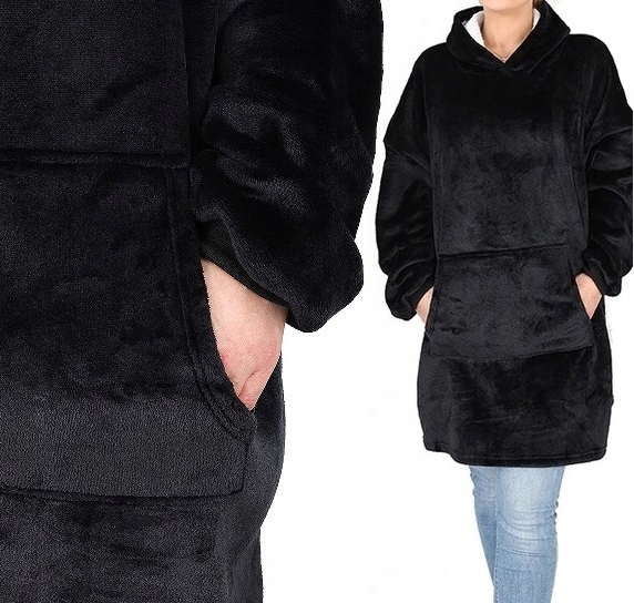 Kocobluza Koc Bluza Oversize Bluzokoc Gruba Ciepła Długa Czarna Z Kapturem