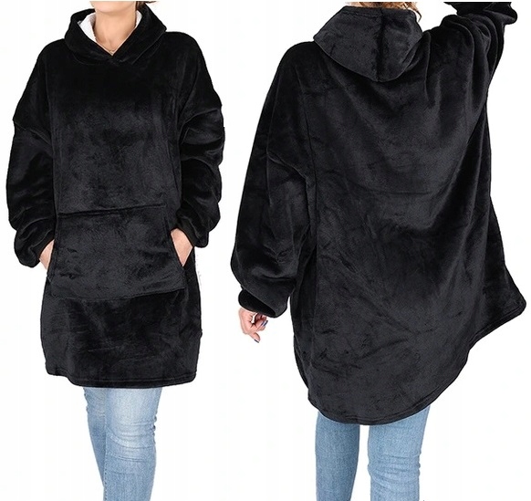 Kocobluza Koc Bluza Oversize Bluzokoc Gruba Ciepła Długa Czarna Z Kapturem