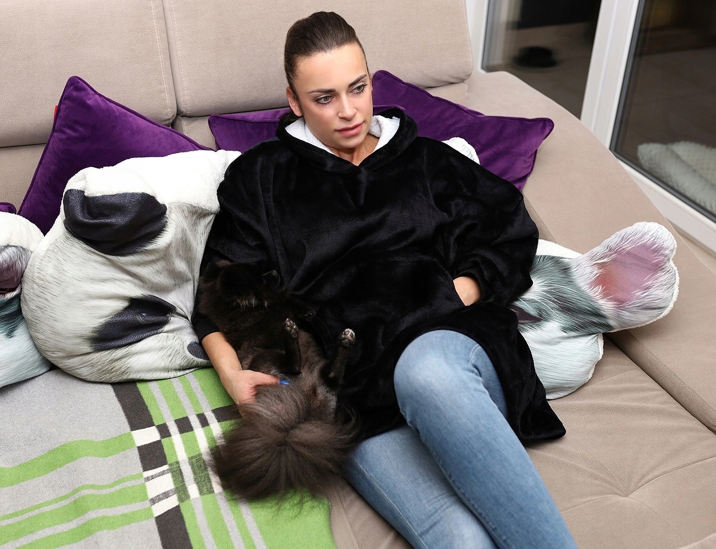 Kocobluza Koc Bluza Oversize Bluzokoc Gruba Ciepła Długa Czarna Z Kapturem