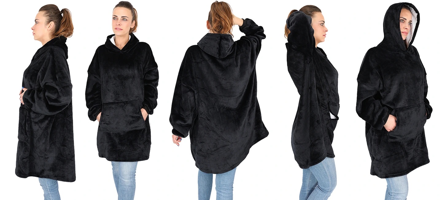 Kocobluza Koc Bluza Oversize Bluzokoc Gruba Ciepła Długa Czarna Z Kapturem