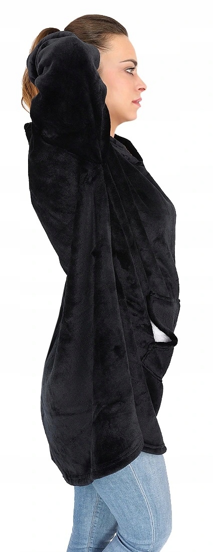 Kocobluza Koc Bluza Oversize Bluzokoc Gruba Ciepła Długa Czarna Z Kapturem