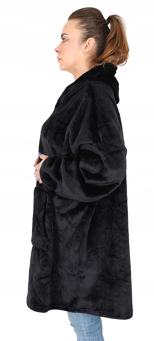 Kocobluza Koc Bluza Oversize Bluzokoc Gruba Ciepła Długa Czarna Z Kapturem
