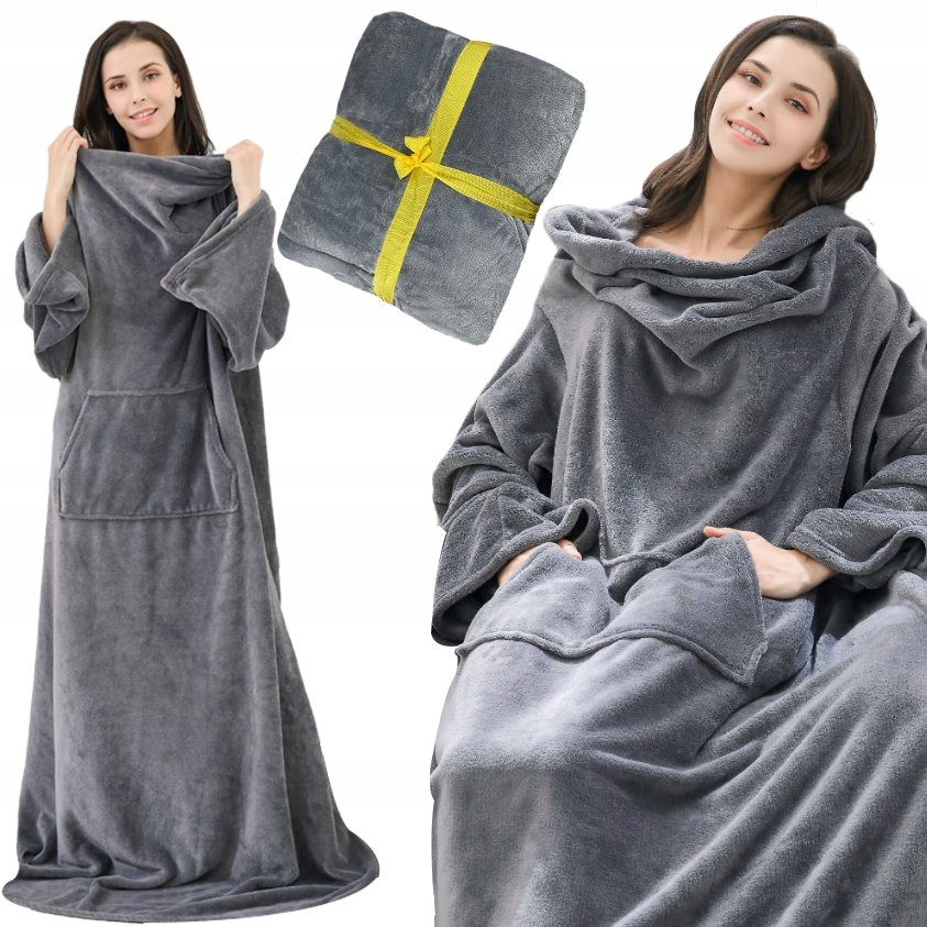 Koc Bluza Z Rękawami Kieszeniami Ciepły Szlafrok 120x180 cm Szary Oversize
